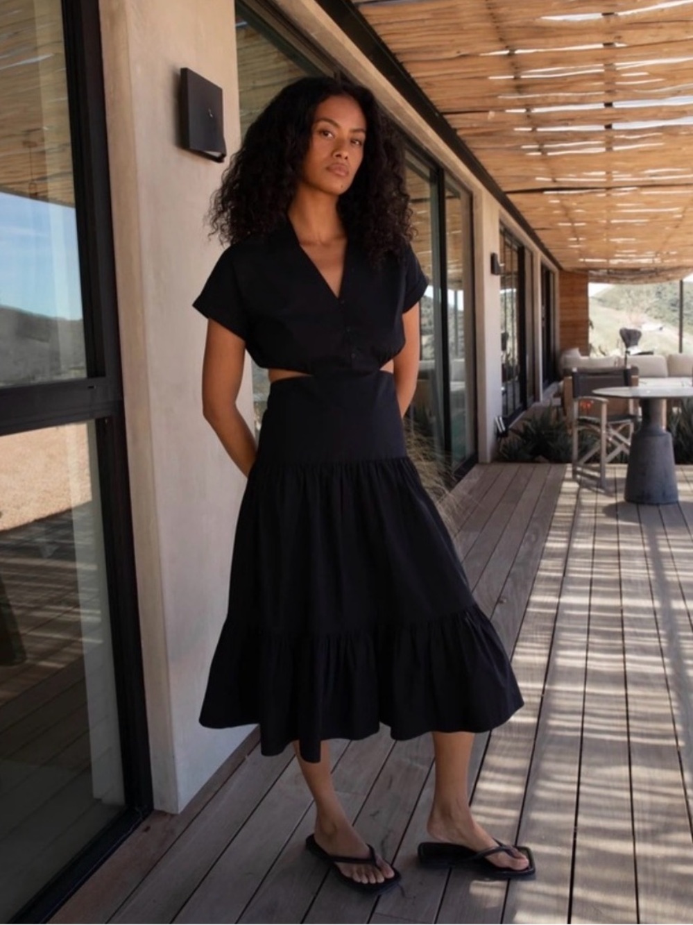 Oak + Fort NWOT Black 100% Cotton Tiered Cut Out Fit Flare Poplin Midi Dress- XS